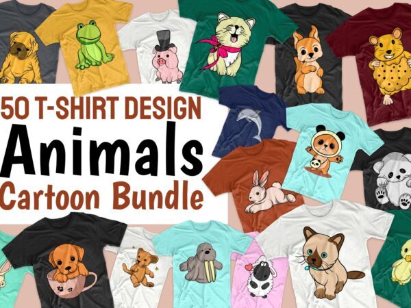 50 Animals Bundle T-shirt Designs Bundle, Cute Animal Illustration, Vector Cartoon bundle