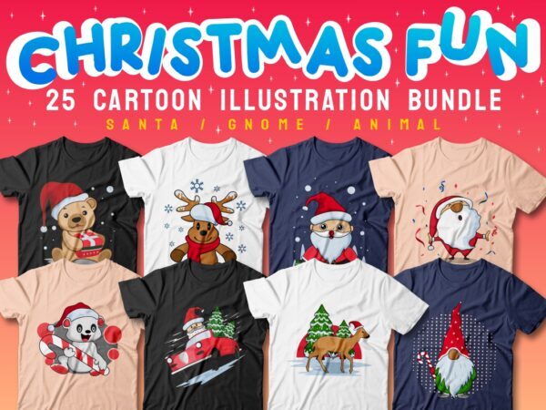 Christmas Fun Cartoon Illustration Bundle Sublimation Vector, Funny, Gnome, Animals, Santa Claus, winter, Christmas t-shirt designs