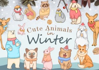 Cute animals in winter bundle, Winter animal cartoon illustration bundle, Fun winter animal, Animal wearing a scarf, animals wear clothes,